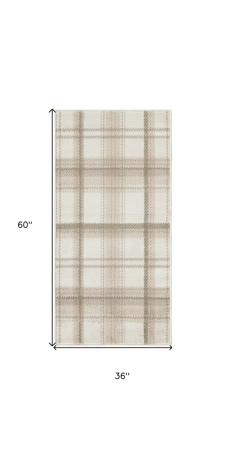 3' X 5' Ivory Plaid Power Loom Area Rug