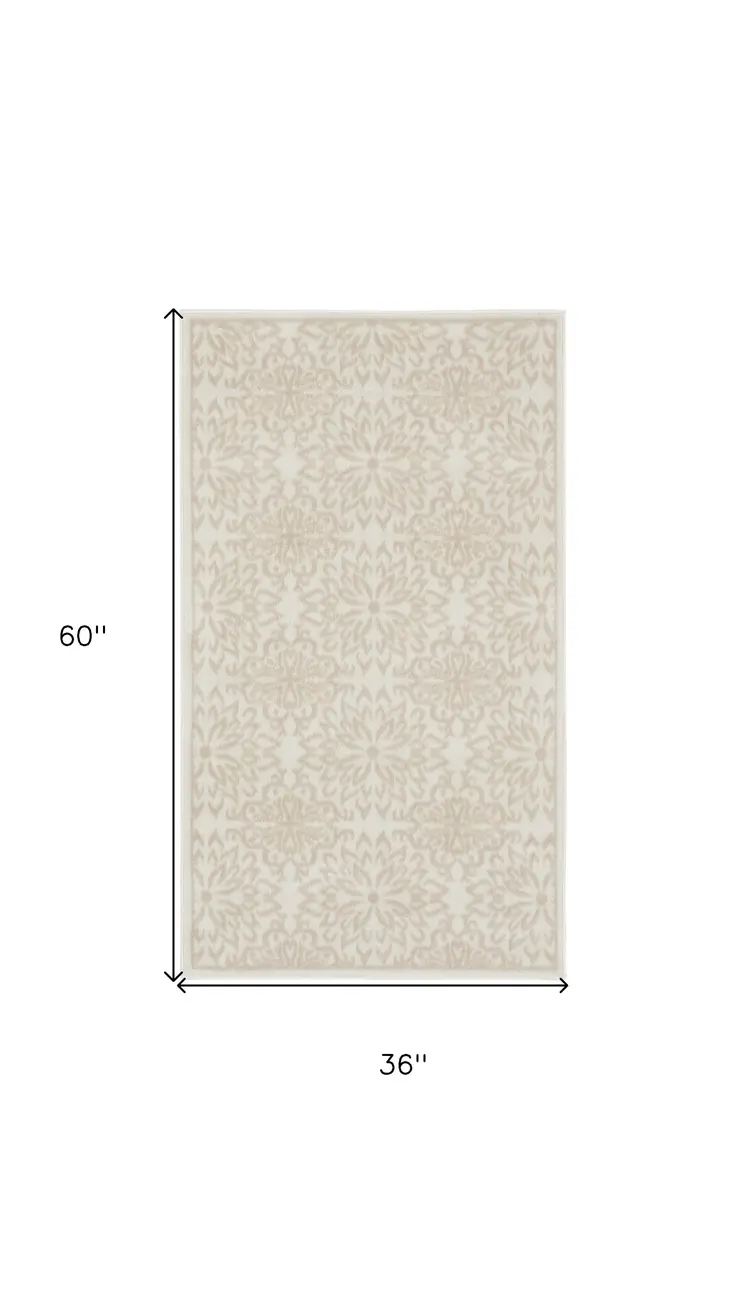3' X 5' Beige and Ivory Floral Area Rug