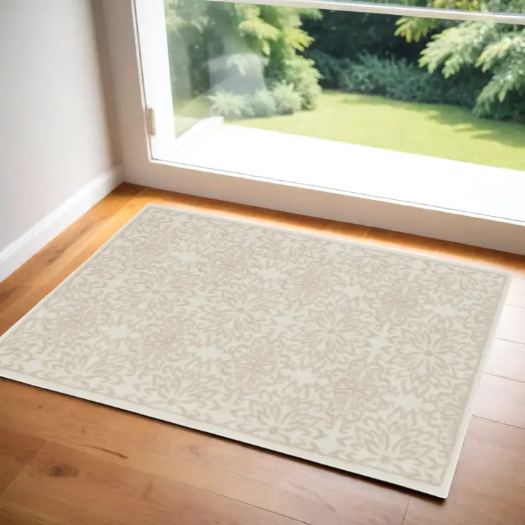 3' X 5' Beige and Ivory Floral Area Rug