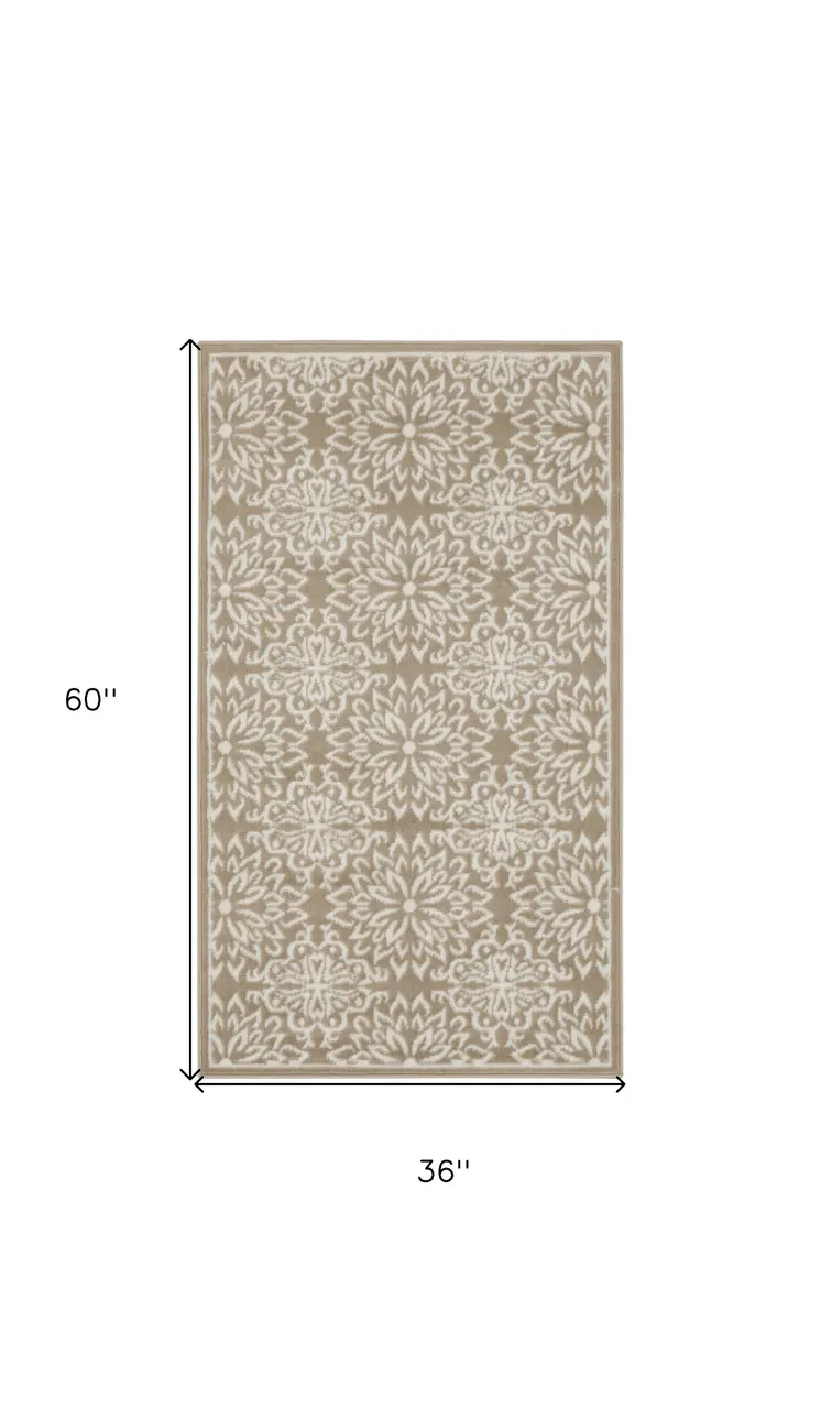 3' X 5' Taupe and Ivory Floral Area Rug