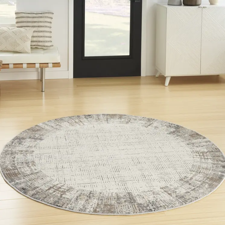 5' Ivory and Gray Abstract Round Rug