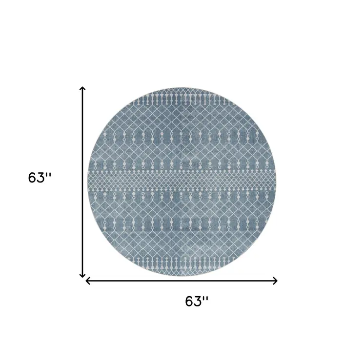 5' Blue Geometric Power Loom Round Rug