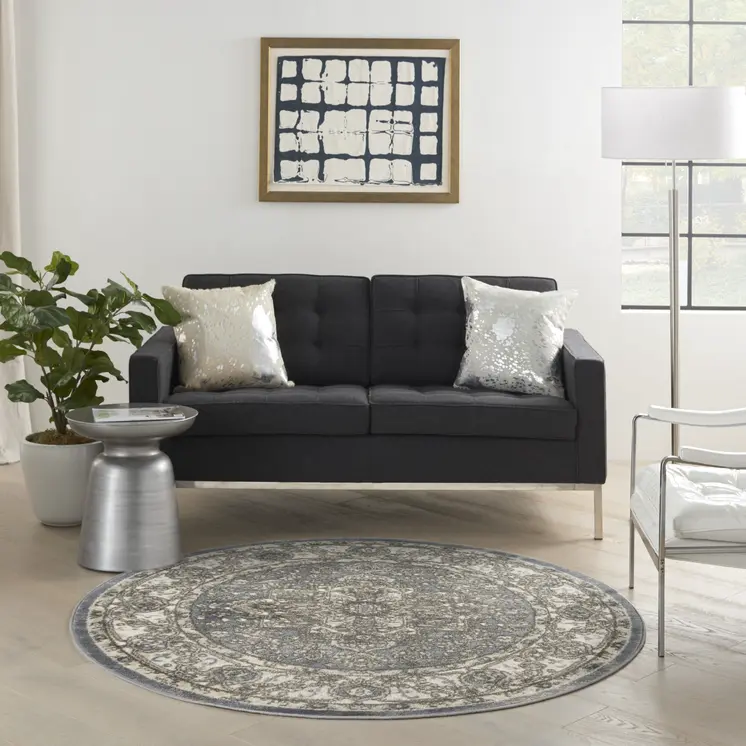 8' Blue Floral Power Loom Round Rug