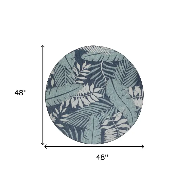 4' Navy Blue Round Floral Indoor Outdoor Area Rug
