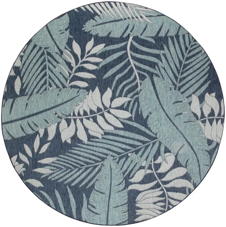 4' Navy Blue Round Floral Indoor Outdoor Area Rug