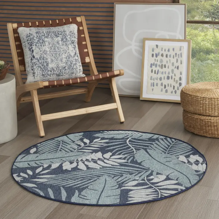 4' Navy Blue Round Floral Indoor Outdoor Area Rug