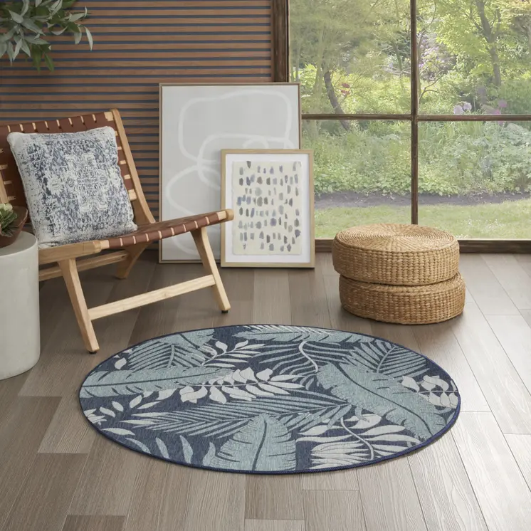 4' Navy Blue Round Floral Indoor Outdoor Area Rug