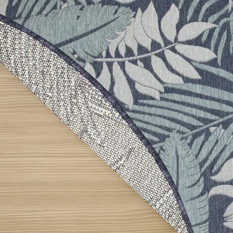 4' Navy Blue Round Floral Indoor Outdoor Area Rug