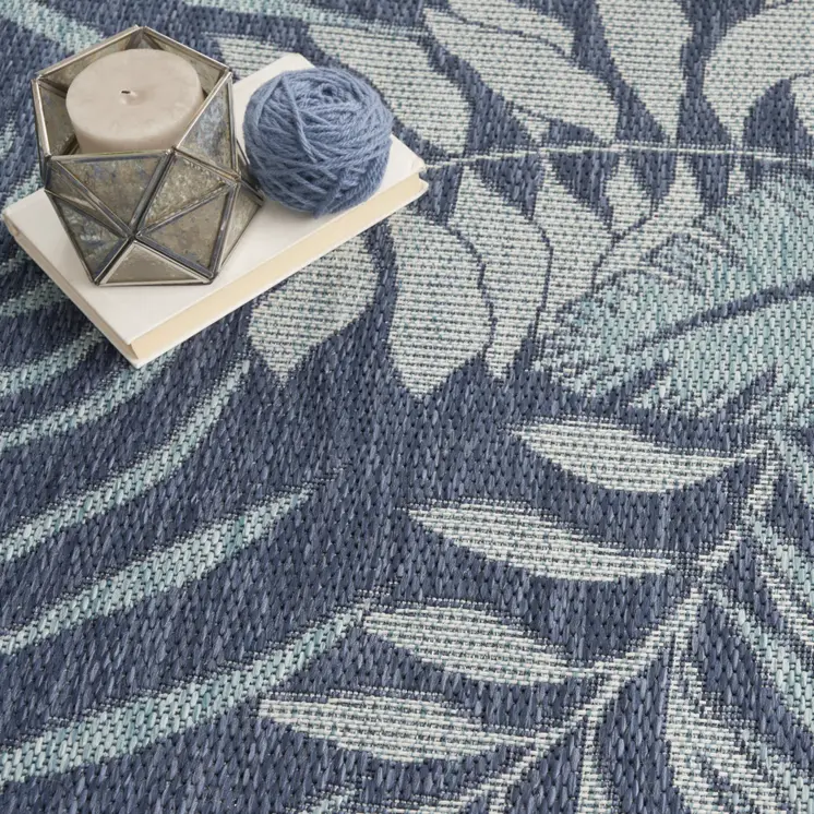 4' Navy Blue Round Floral Indoor Outdoor Area Rug
