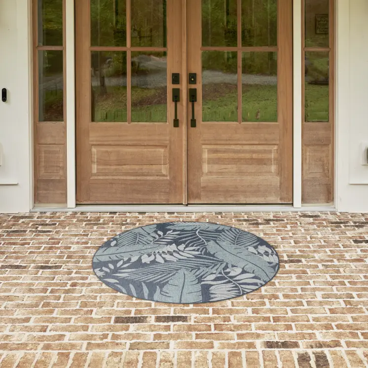 4' Navy Blue Round Floral Indoor Outdoor Area Rug