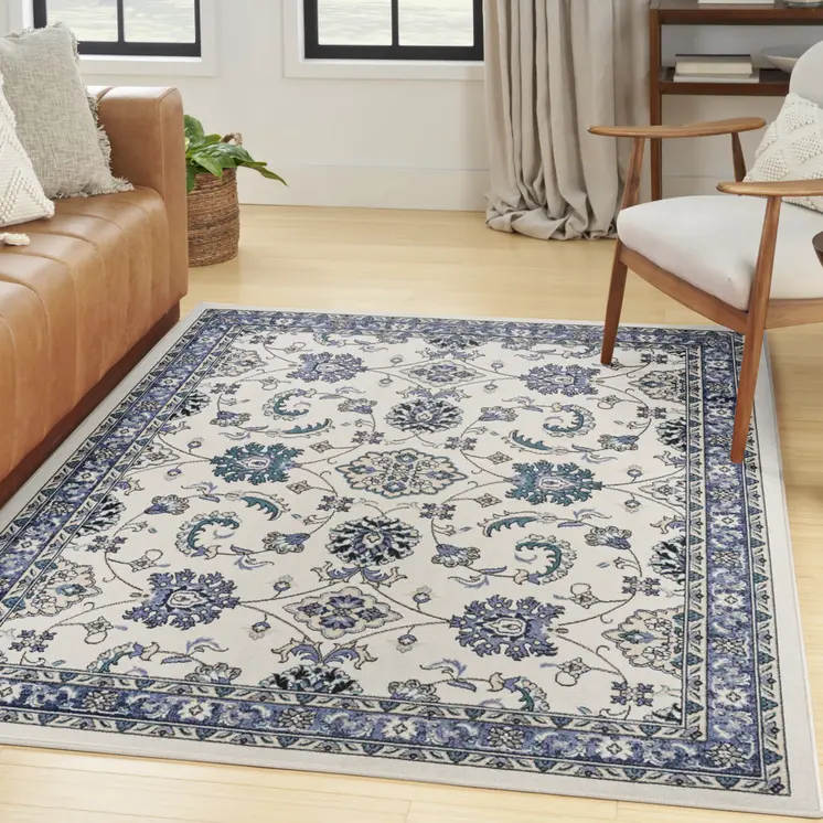 4' X 6' Ivory And Blue Floral Indoor Outdoor Area Rug