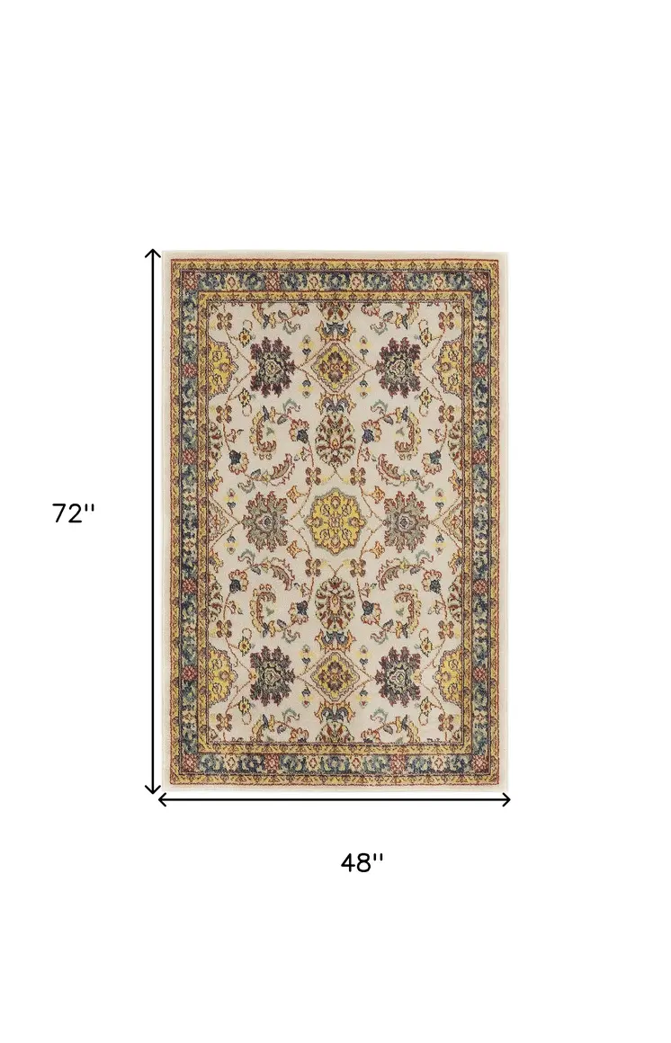 4' X 6' Ivory And Gold Floral Indoor Outdoor Area Rug