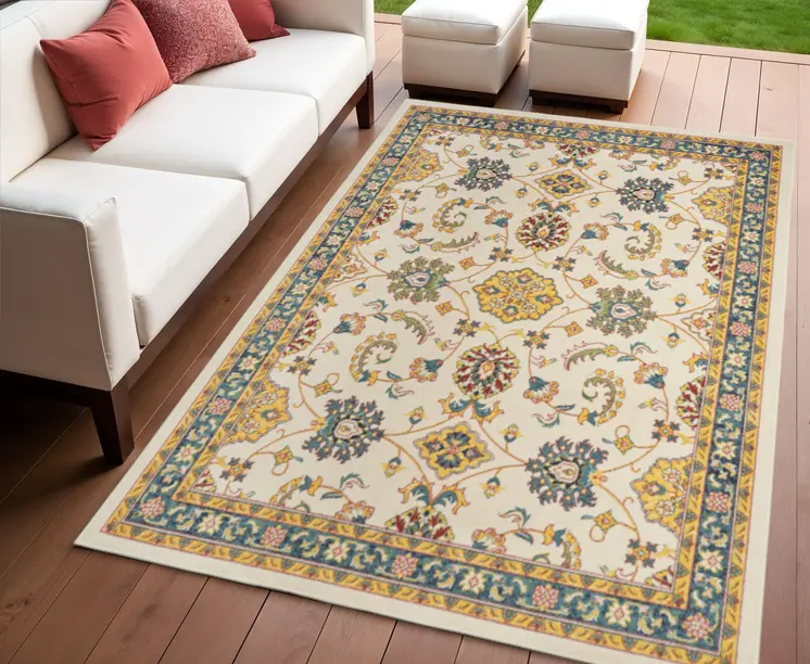 4' X 6' Ivory And Gold Floral Indoor Outdoor Area Rug
