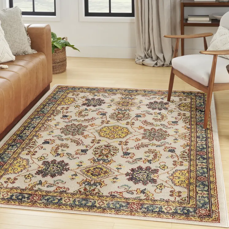4' X 6' Ivory And Gold Floral Indoor Outdoor Area Rug