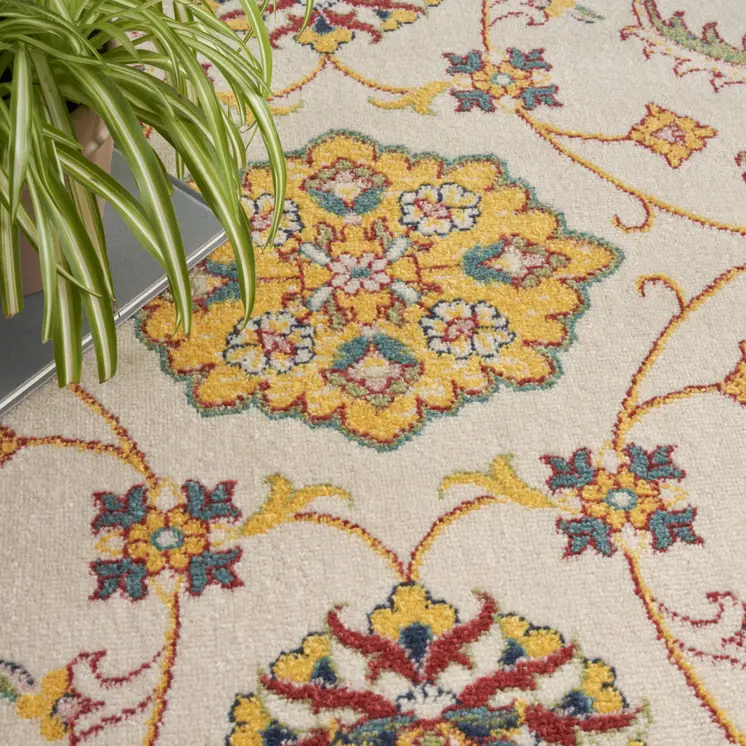 4' X 6' Ivory And Gold Floral Indoor Outdoor Area Rug