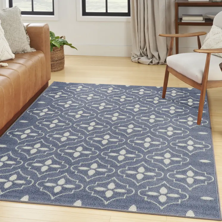4' X 6' Blue And Ivory Geometric Indoor Outdoor Area Rug