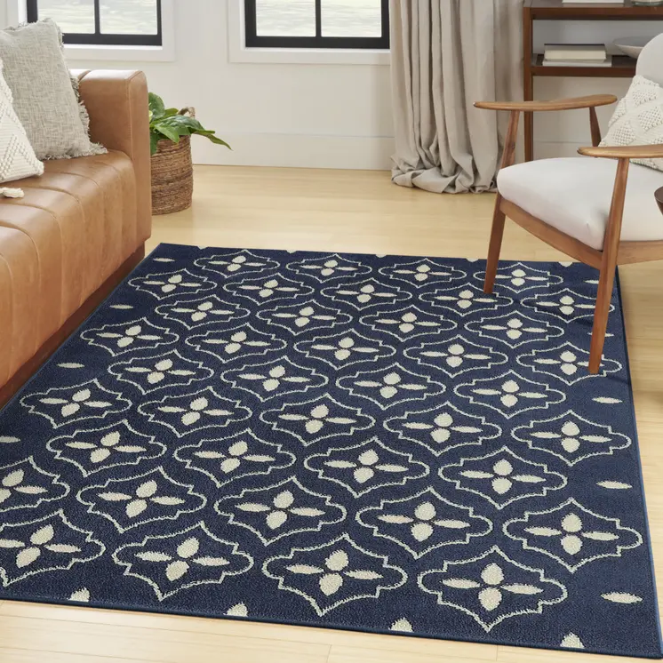 4' X 6' Navy Blue And Ivory Geometric Indoor Outdoor Area Rug