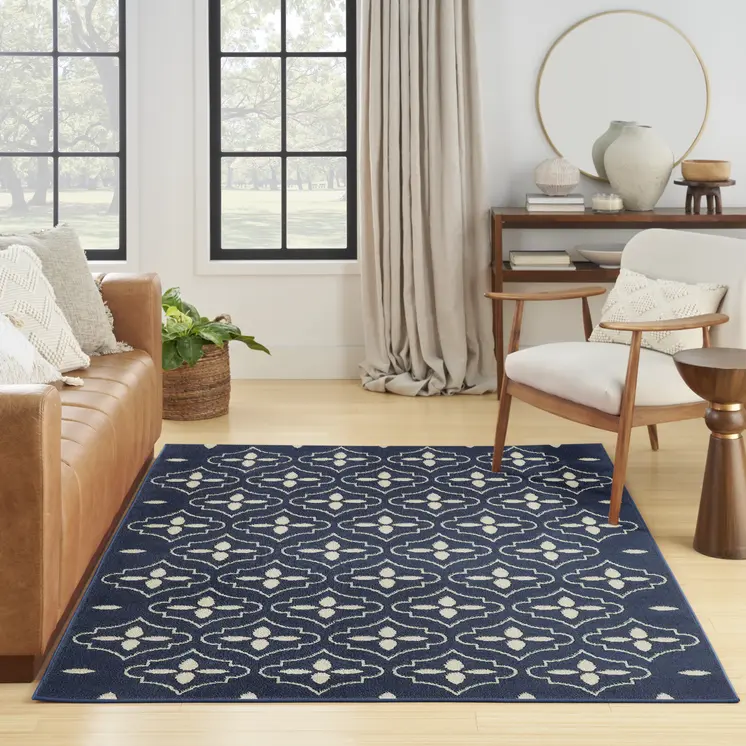 4' X 6' Navy Blue And Ivory Geometric Indoor Outdoor Area Rug