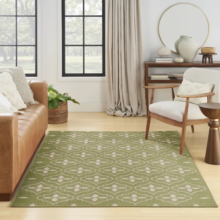 4' X 6' Green And Ivory Geometric Indoor Outdoor Area Rug