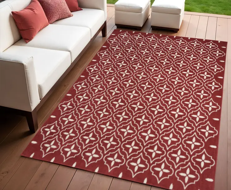 4' X 6' Brick Red And Ivory Geometric Indoor Outdoor Area Rug