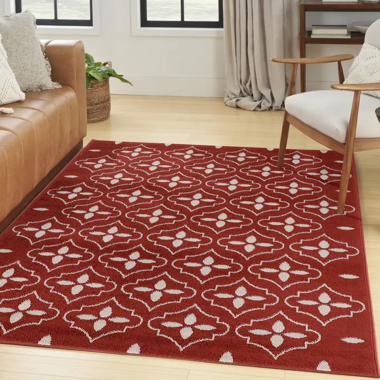 4' X 6' Brick Red And Ivory Geometric Indoor Outdoor Area Rug