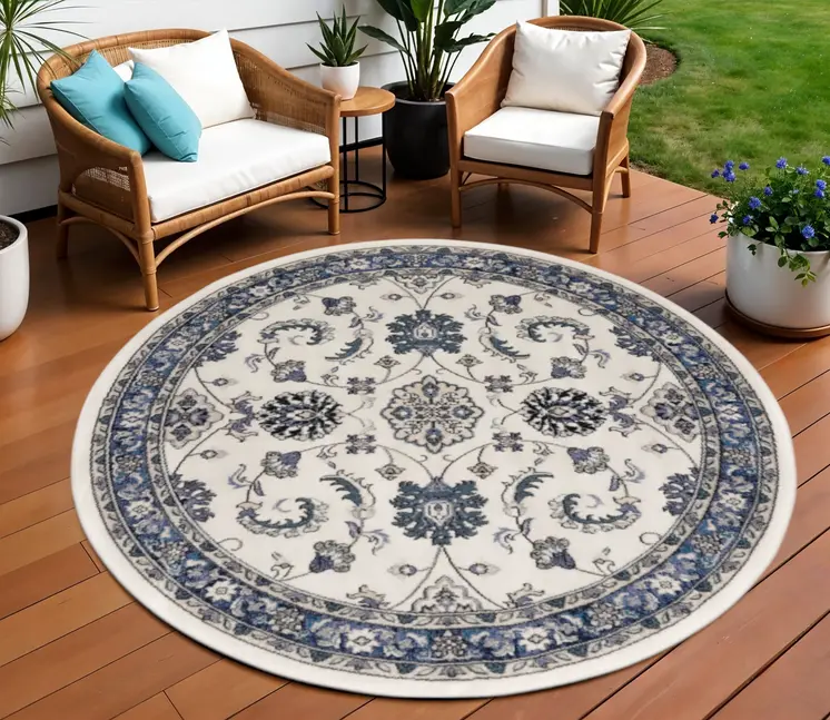 8' Ivory And Blue Round Floral Indoor Outdoor Area Rug
