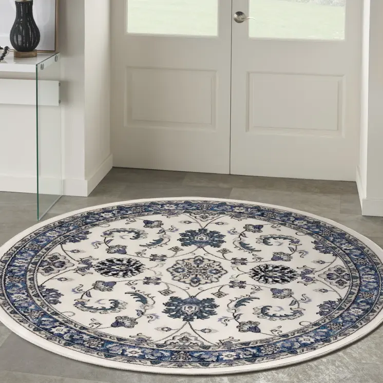 8' Ivory And Blue Round Floral Indoor Outdoor Area Rug