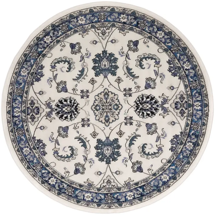 8' Ivory And Blue Round Floral Indoor Outdoor Area Rug