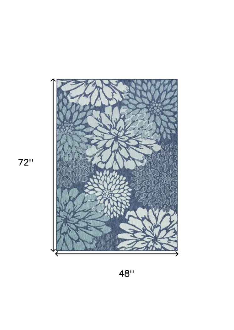 4' X 6' Navy Blue Floral Indoor Outdoor Area Rug