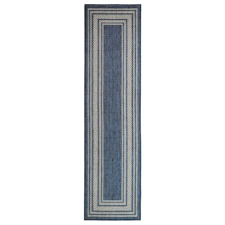 6' Denim Blue And Ivory Geometric Indoor Outdoor Runner Rug