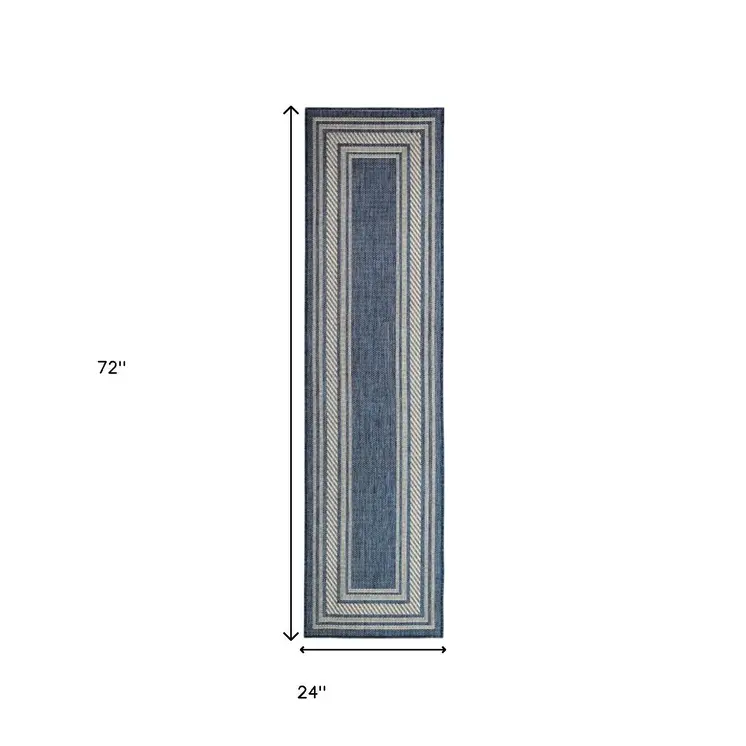 6' Denim Blue And Ivory Geometric Indoor Outdoor Runner Rug