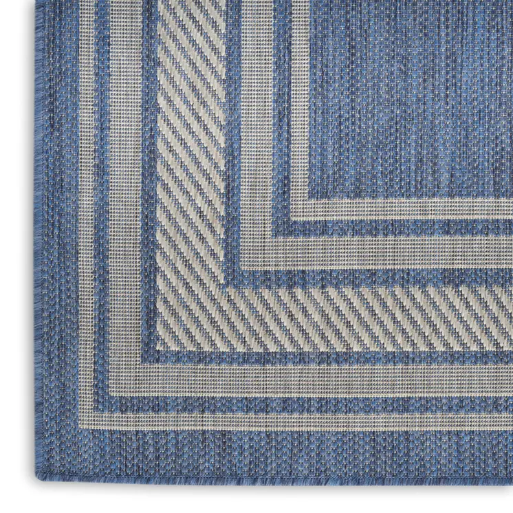 6' Denim Blue And Ivory Geometric Indoor Outdoor Runner Rug