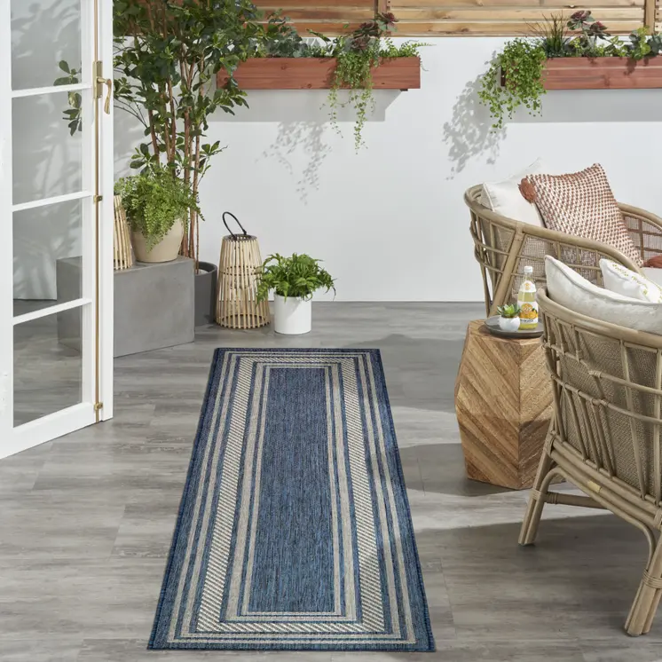 6' Denim Blue And Ivory Geometric Indoor Outdoor Runner Rug