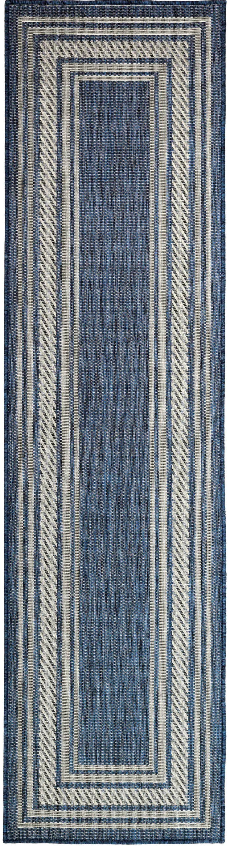 6' Denim Blue And Ivory Geometric Indoor Outdoor Runner Rug