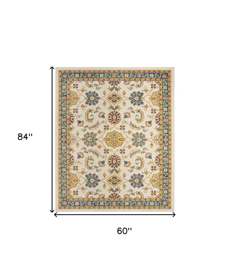 5' X 7' Ivory And Gold Floral Indoor Outdoor Area Rug