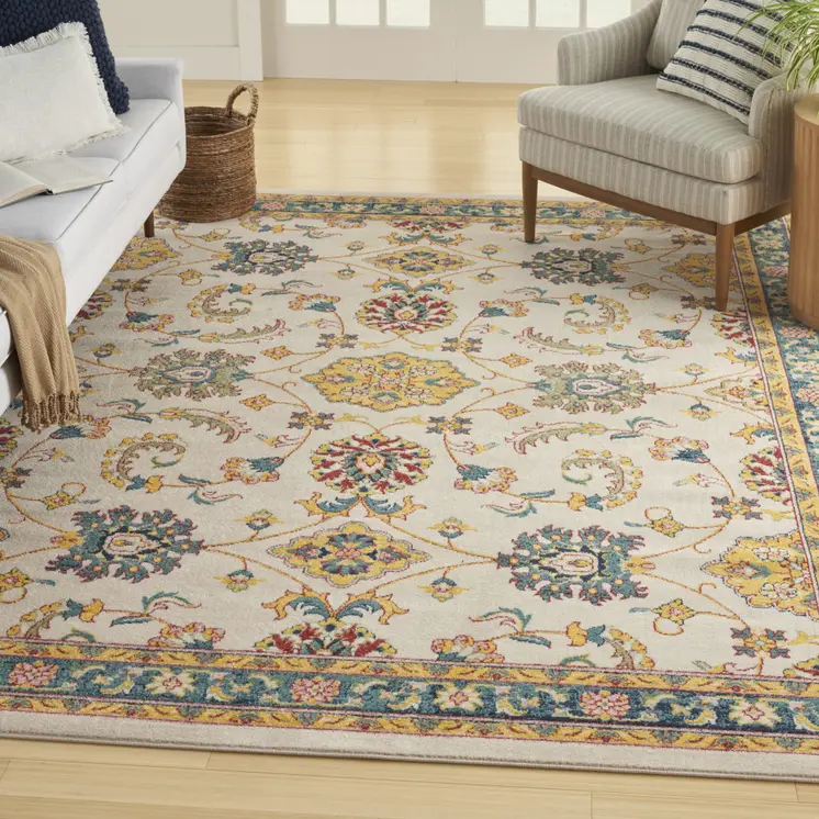 5' X 7' Ivory And Gold Floral Indoor Outdoor Area Rug