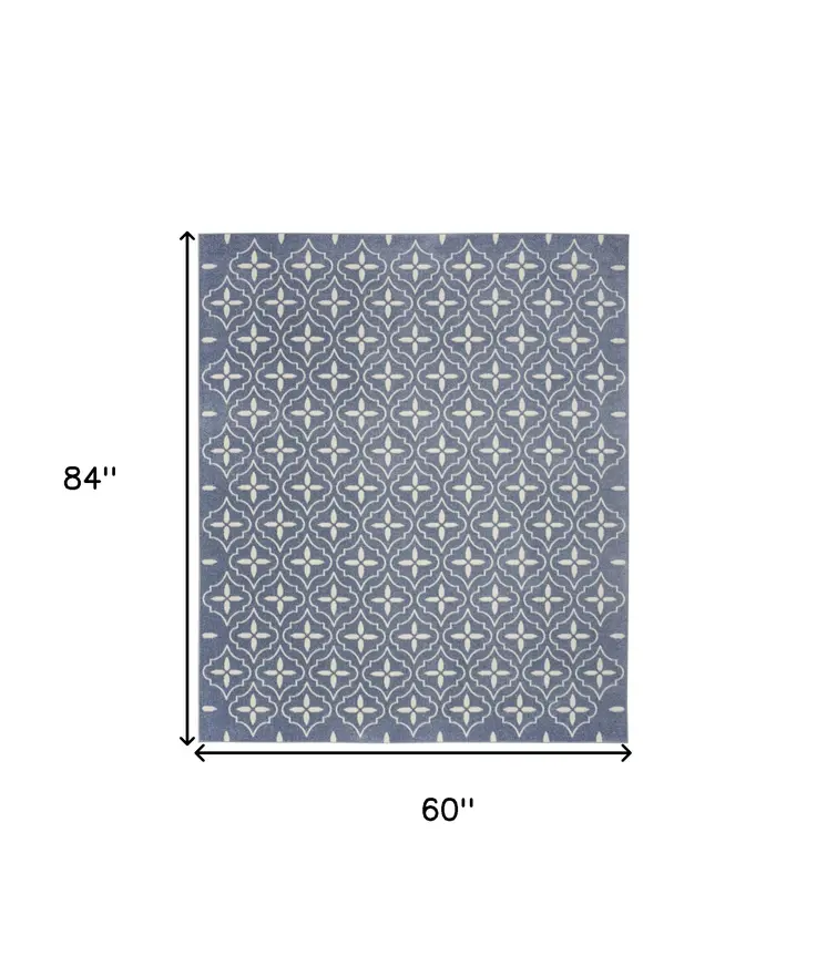 5' X 7' Blue And Ivory Geometric Indoor Outdoor Area Rug