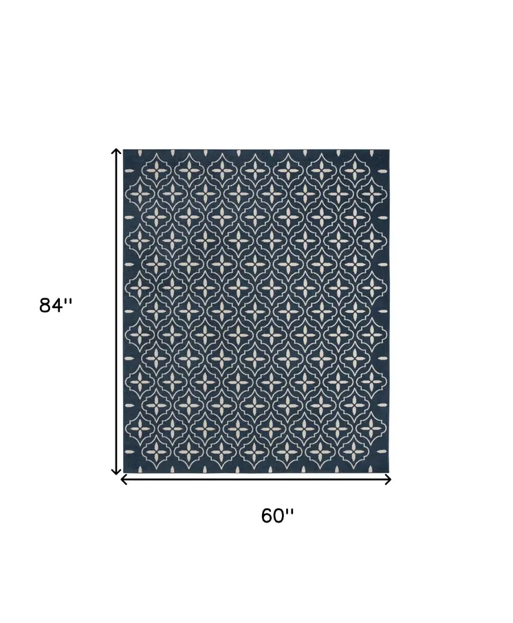 5' X 7' Navy Blue And Ivory Geometric Indoor Outdoor Area Rug