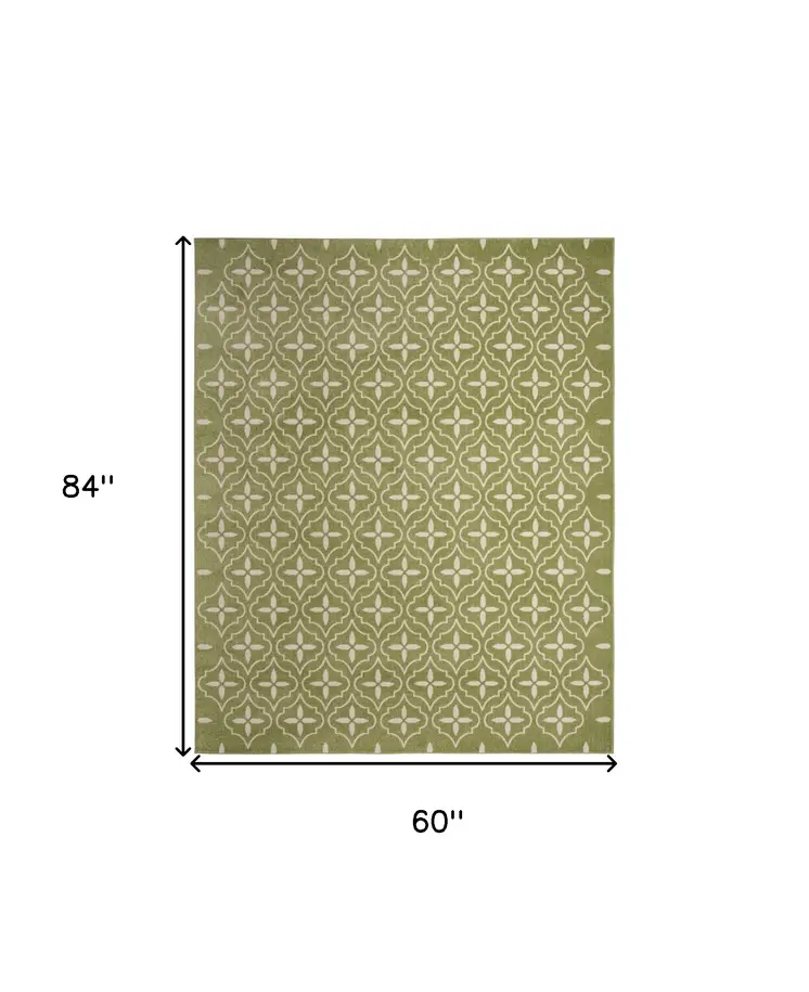 5' X 7' Green And Ivory Geometric Indoor Outdoor Area Rug