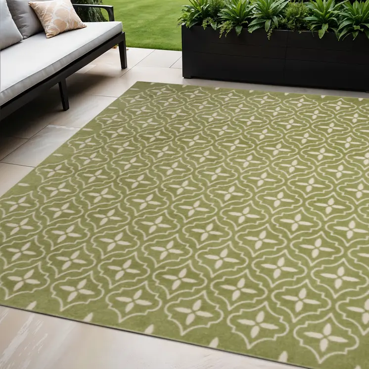 5' X 7' Green And Ivory Geometric Indoor Outdoor Area Rug