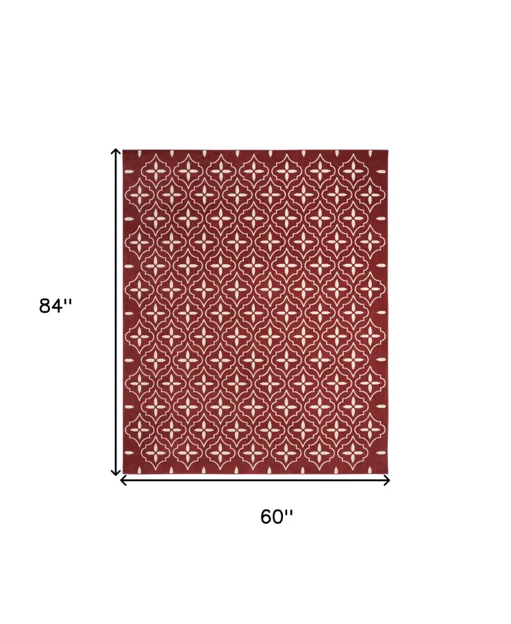 5' X 7' Brick Red And Ivory Geometric Indoor Outdoor Area Rug