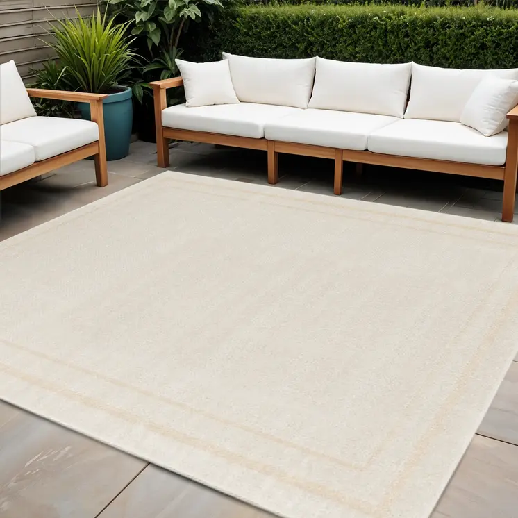 7' Ivory And Gold Square Indoor Outdoor Area Rug
