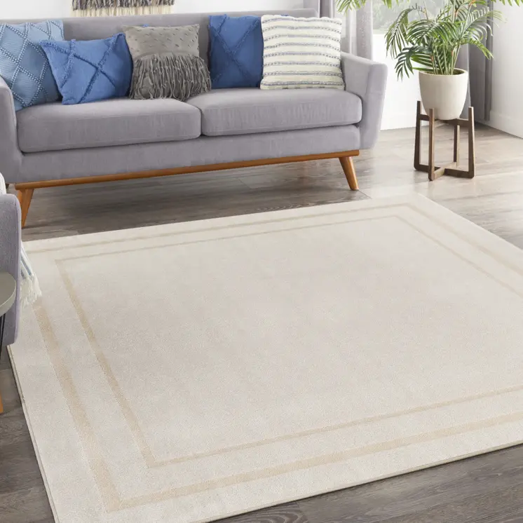7' Ivory And Gold Square Indoor Outdoor Area Rug