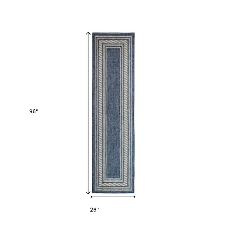 8' Denim Blue And Ivory Geometric Indoor Outdoor Runner Rug