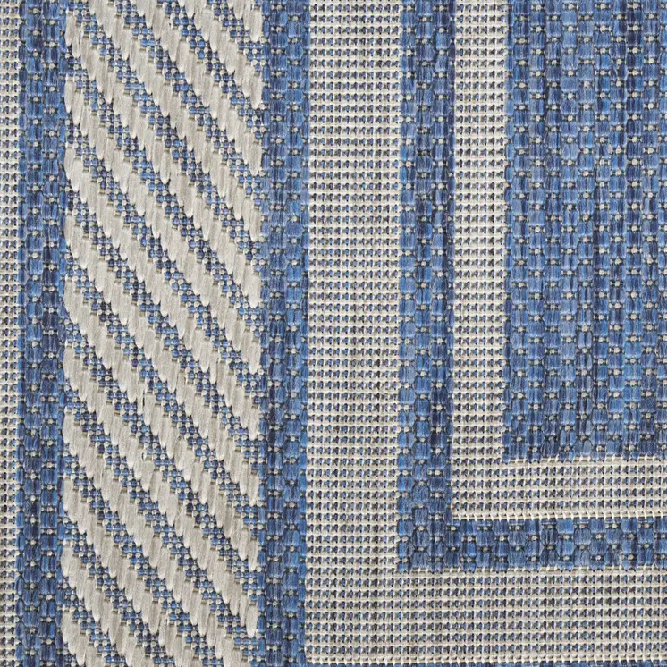 8' Denim Blue And Ivory Geometric Indoor Outdoor Runner Rug