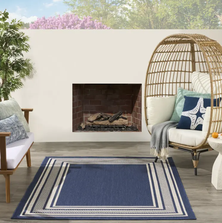 5' X 7' Denim Blue And Ivory Geometric Indoor Outdoor Area Rug