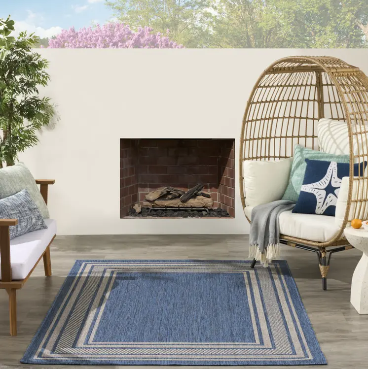 5' X 7' Denim Blue And Ivory Geometric Indoor Outdoor Area Rug