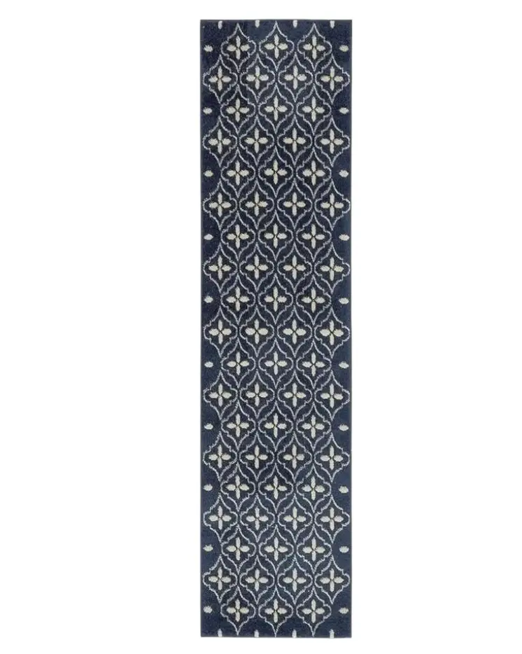 8' Ivory And Navy Blue Geometric Indoor Outdoor Runner Rug