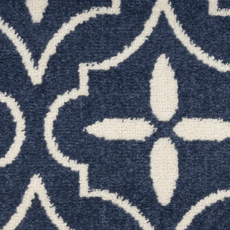 8' Ivory And Navy Blue Geometric Indoor Outdoor Runner Rug
