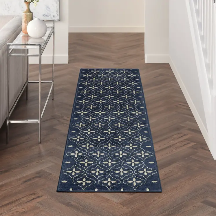 8' Ivory And Navy Blue Geometric Indoor Outdoor Runner Rug